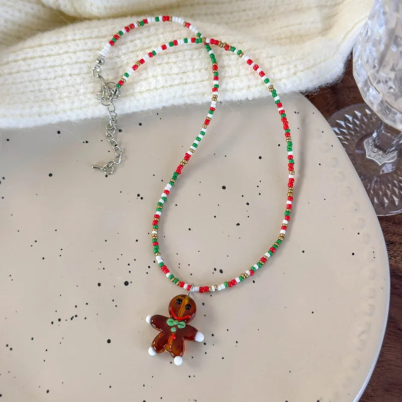 Sweet Christmas Atmosphere Necklace Cute Cartoon Colorful Beads Christmas Tree Gingerbread Man Beads Clavicle Chain Resin Material