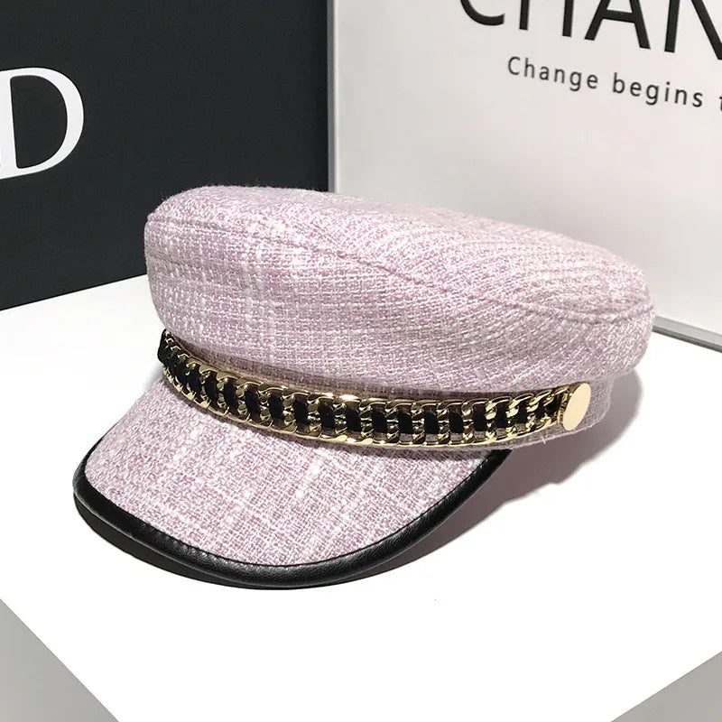 women's elegant business basic solid color chain curved eaves beret hat