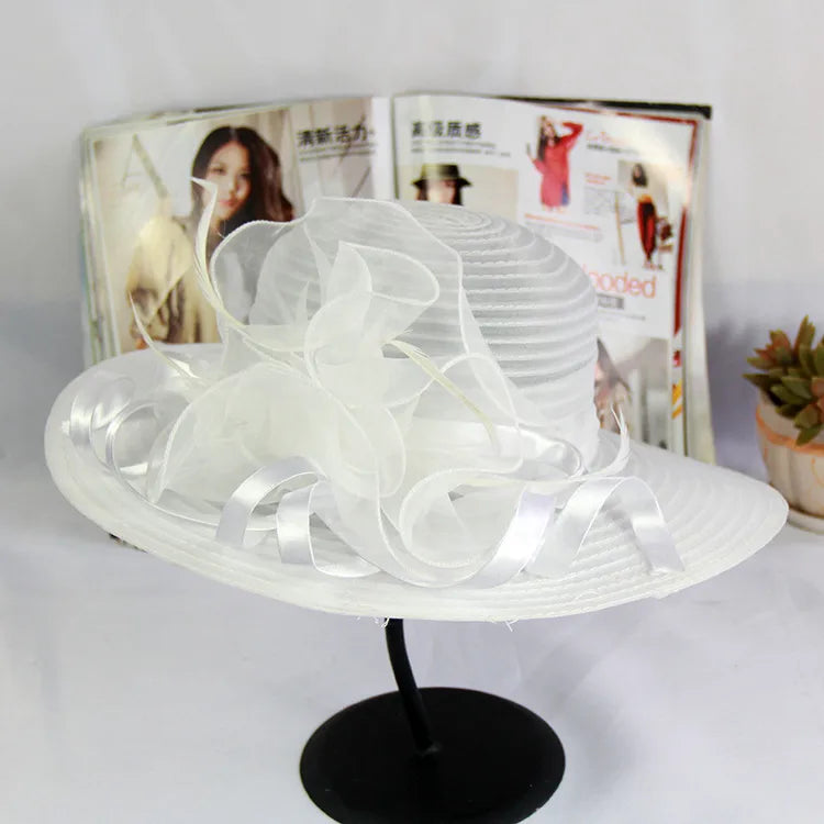 women's vacation solid color gauze flower wide eaves straw hat