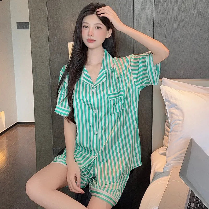 Elegant Ice Silk Sleepwear Women's Summer Butterfly Print Short Sleeve Home Clothes Set Can Be Worn Outside Breathable Casual