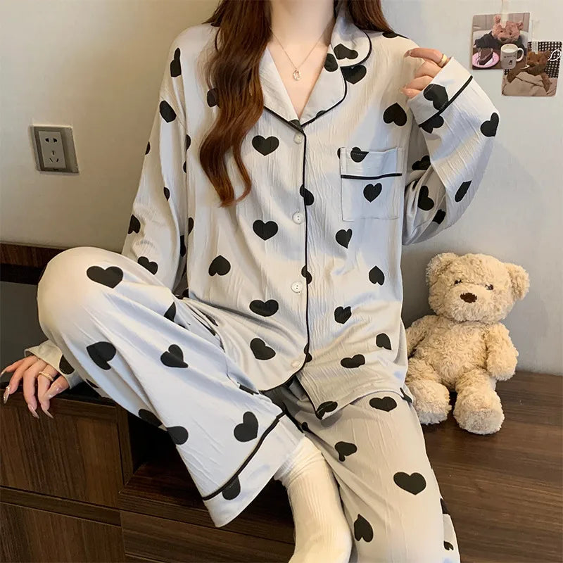 Sweet Girl Heart Print Open Cardigan Sleepwear Long Sleeve Crepe Home Clothes Set Spring New Style Casual Breathable Polyester