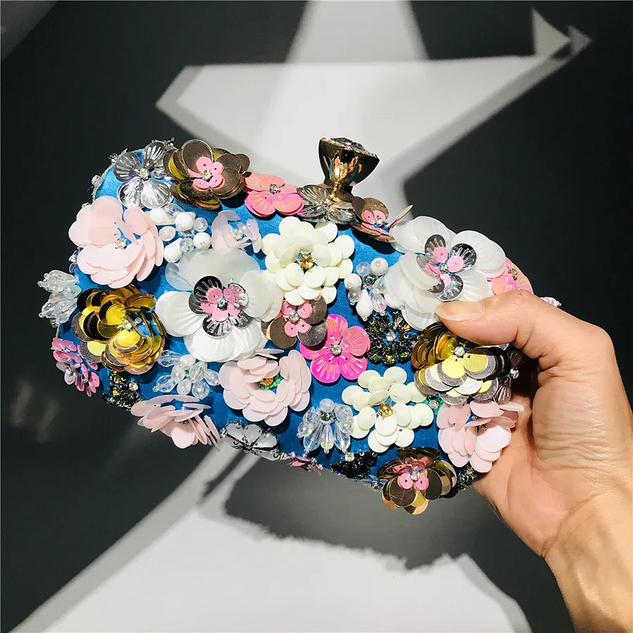 yellow blue black satin flower square evening bags