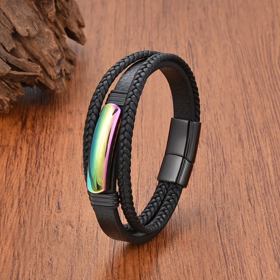 Vintage Style Geometric Leather rope Stone Metal Layered Magnetic Men's Bracelets