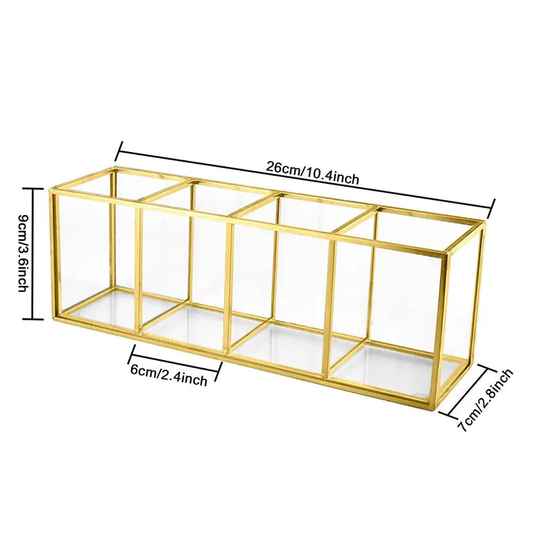 Nordic style golden glass compartment storage box transparent makeup brush storage bucket desktop beauty storage Golden Pen Holder