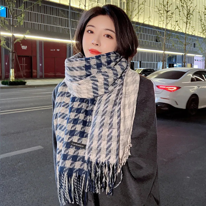 women's fashion plaid imitation cashmere tassel winter scarves
