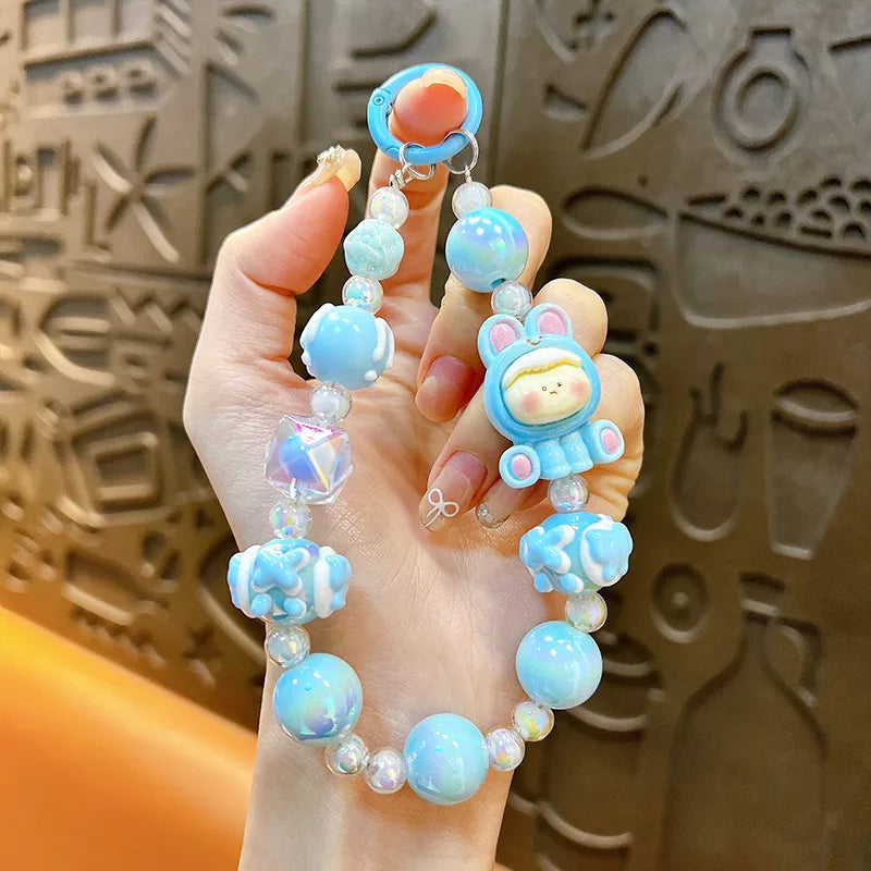 Cute Cartoon Mobile Phone Chain Dopamine Handmade Beaded Key Holder Wristband Style Girls Keychain Acrylic Cute Style