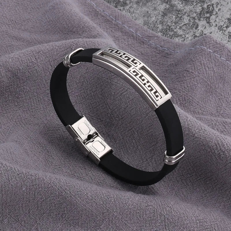 Retro Punk Geometric Silica Gel Titanium Steel Men's Bracelets Men Cord & Leather Bracelets