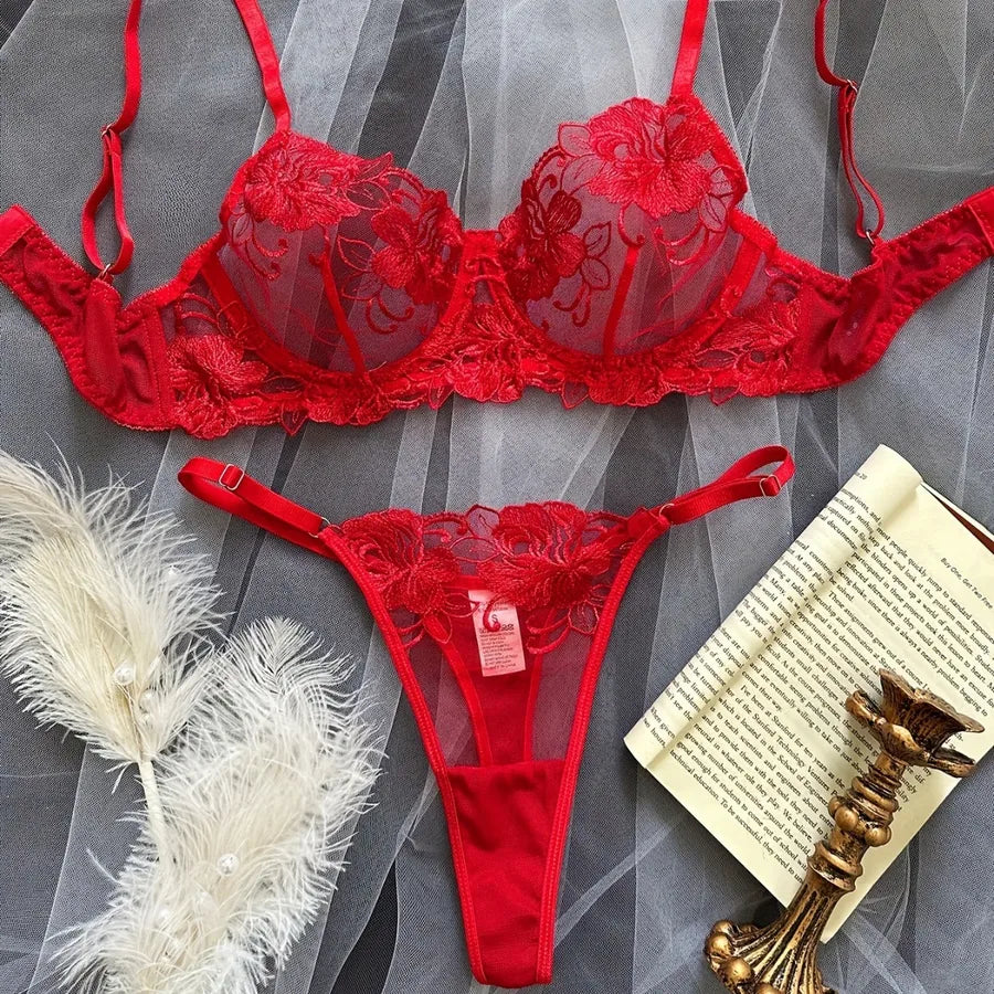 Women's Sexy Flower Sexy Lingerie Sets Home Honeymoon Sheer Bra Low Waist Thong See-Through Sexy Lingerie