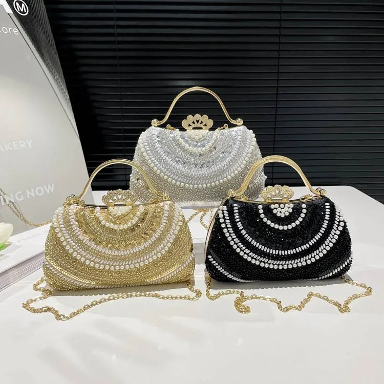 Summer New Beaded Metal Handbag Evening Bag Elegant Bride Clutch Box Bag Fashionable Ladies Chain Shoulder Crossbody Bag