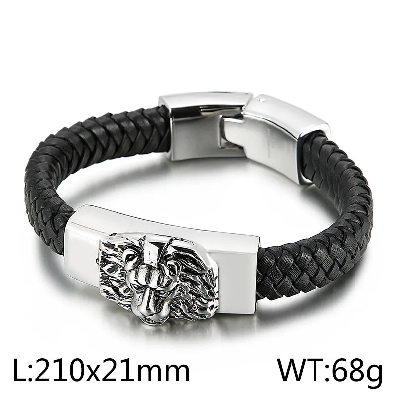 retro color block pu leather titanium steel braid men's bangle