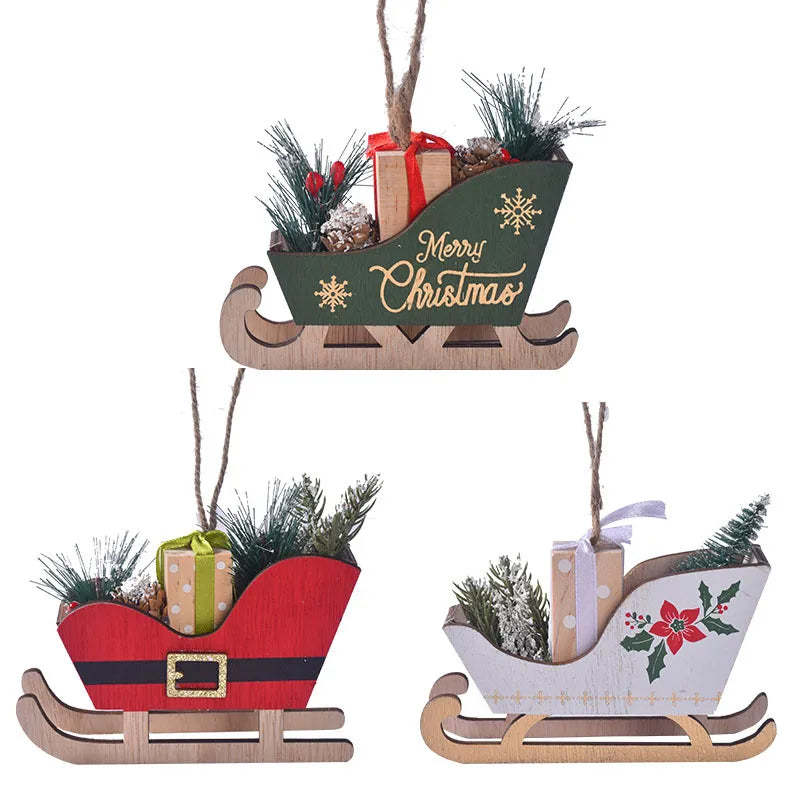 Wooden Christmas Sleigh Decoration Tree Decorations Christmas Atmosphere Sleigh Pendant Christmas Decorations Holiday Ornaments