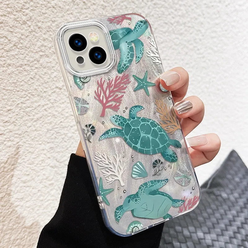Blue Green Turtle Starfish Phone Case Compatible With Apple 16promax 15Plus 14 Personalized 13 12 Sets Cute Frosted PC Shell