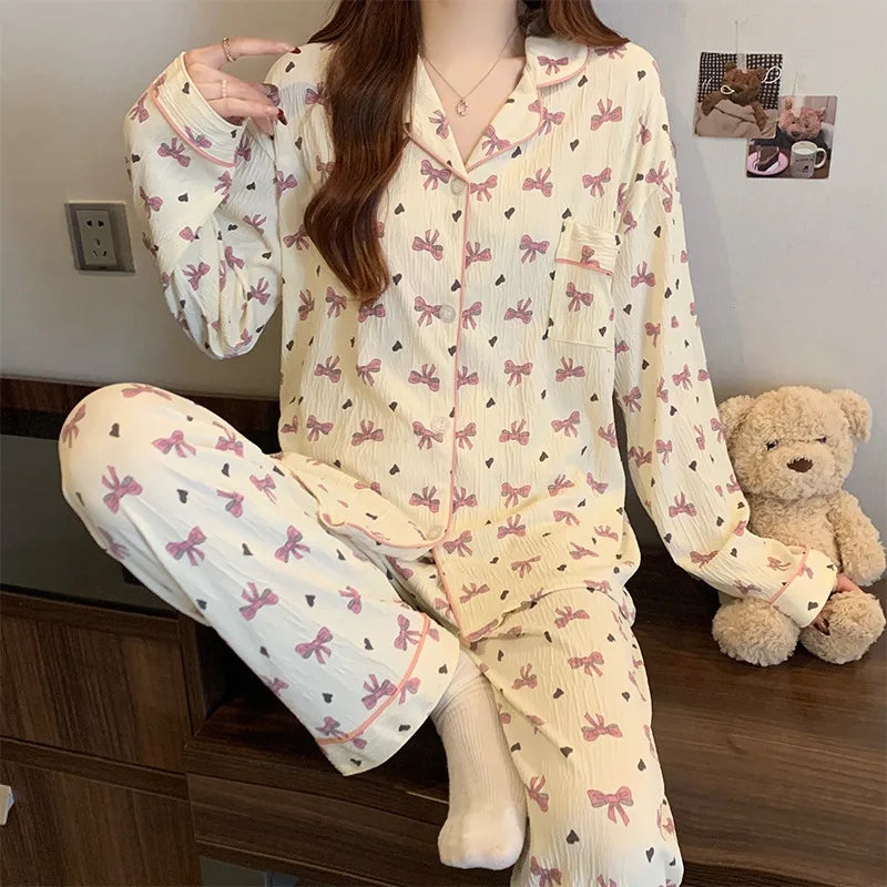 Sweet Girl Heart Print Open Cardigan Sleepwear Long Sleeve Crepe Home Clothes Set Spring New Style Casual Breathable Polyester