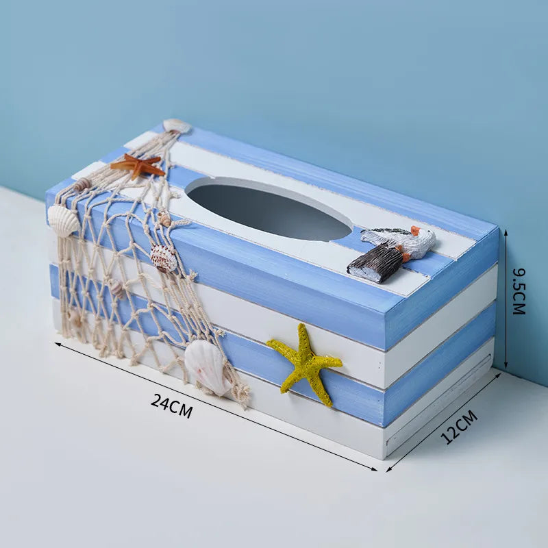 Marine Style Starfish Rudder Wood Tissue Box