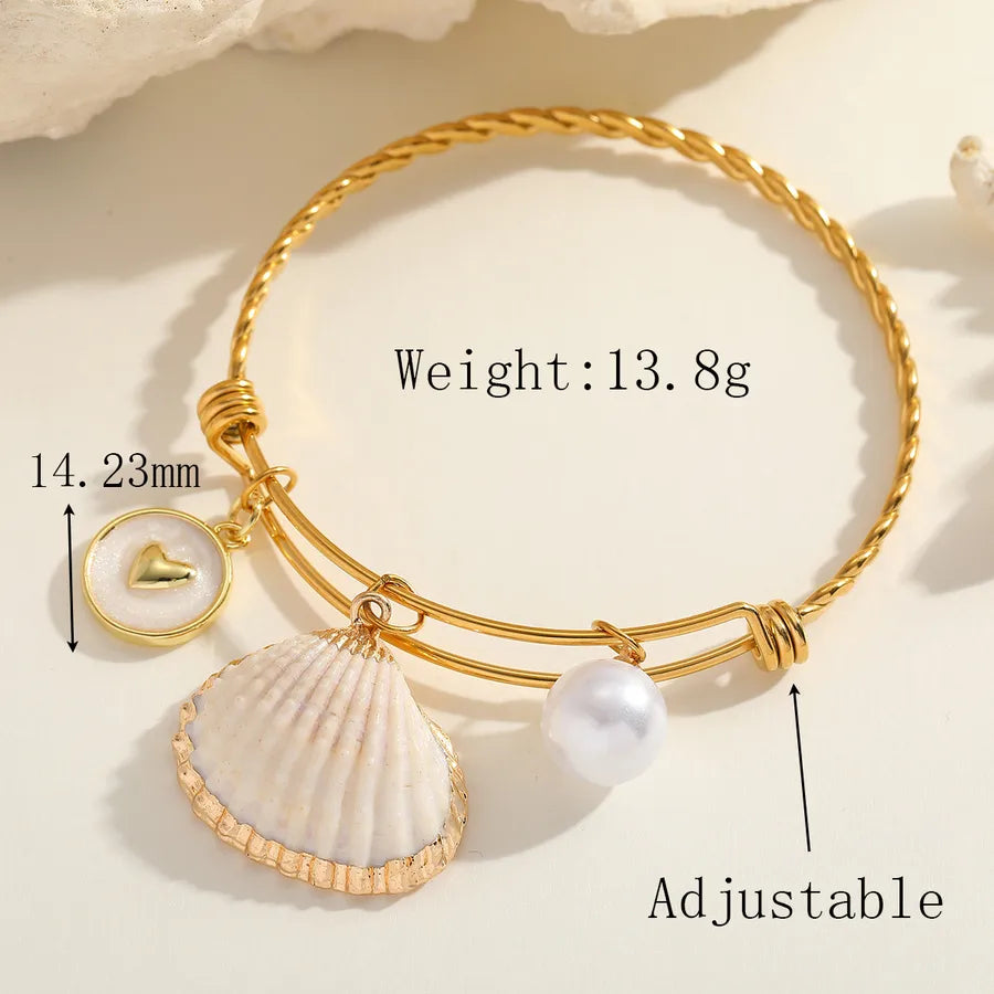 Cute Romantic Marine Style Geometric Heart Shape Shell 304 Stainless Steel 18K Gold Plated Imitation Pearl Natural Shell Bangle In Bulk