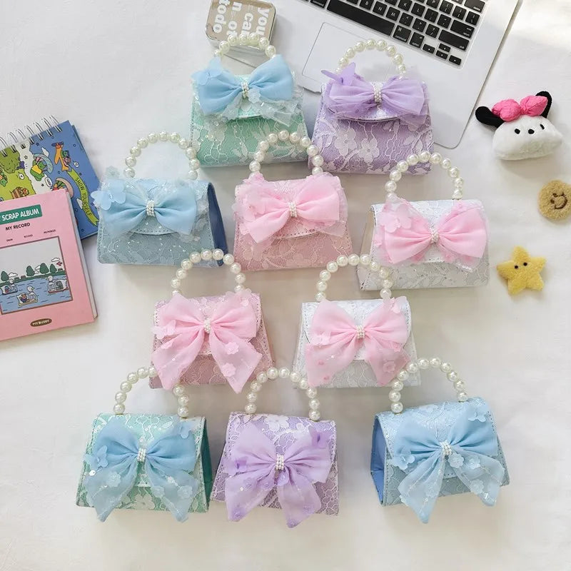 New Children's Bag Crossbody Bag Fashion Pearl Handbag Lace Bow Girl Princess Accessories Bag
