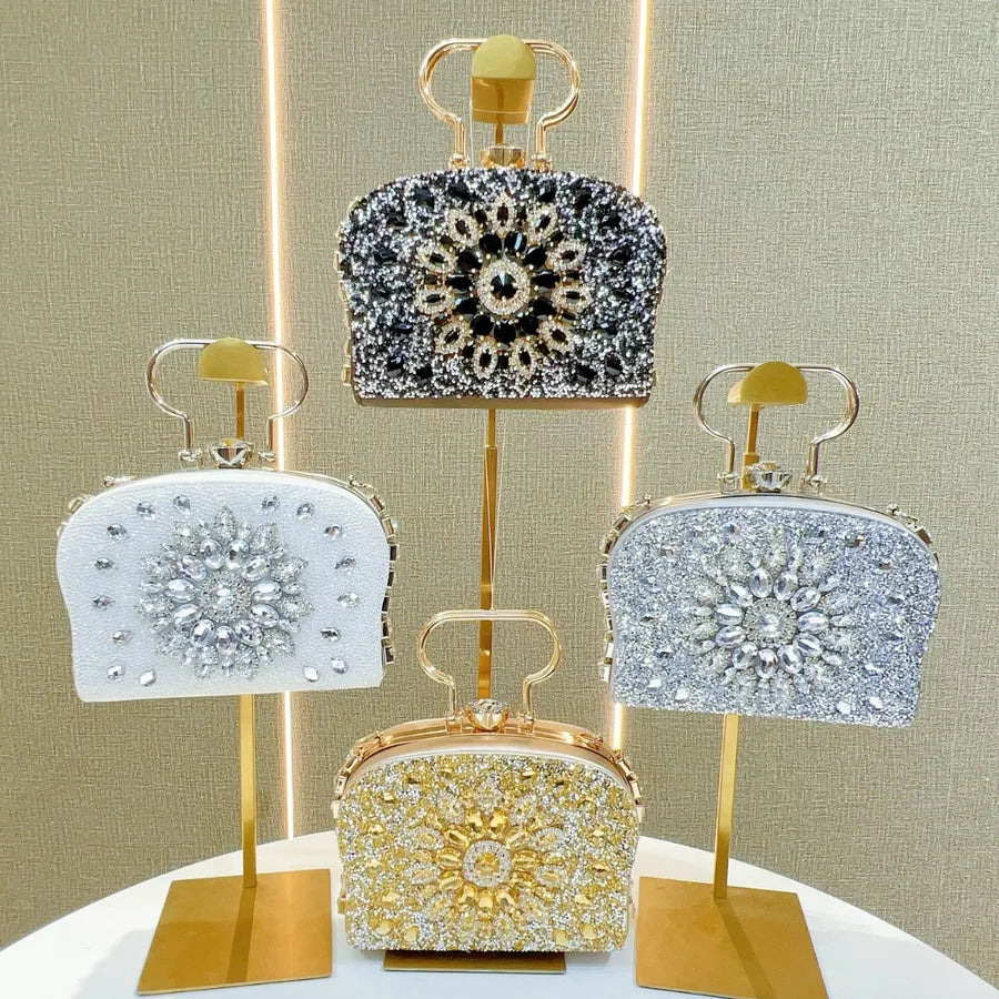 New Fashion Diamond Embedded Handbag Single Shoulder Crossbody Evening Party Banquet Bag Sparkling PU Box Shape Handbag
