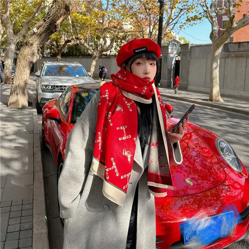 women's retro color block imitation cashmere printing scarf