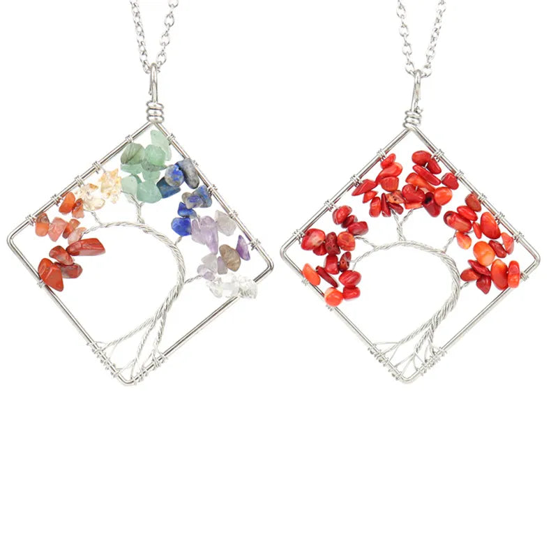 fashion square tree natural stone crystal metal beaded hollow out pendant necklace 1 piece
