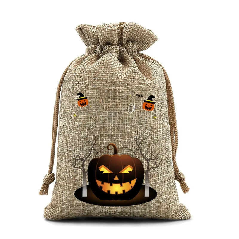 2025 New Halloween Linen Drawstring Gift Bag Pumpkin Shaped Sealed Mouth Bag Cartoon Style Heat Transfer Process Ladies Handbag