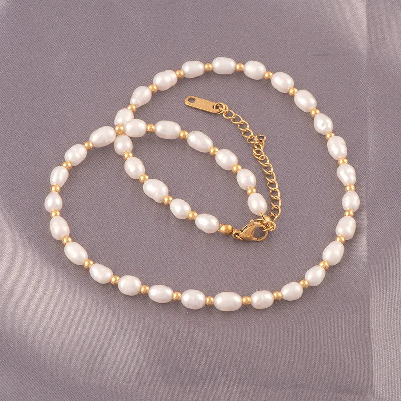 lady solid color freshwater pearl titanium steel beaded plating necklace