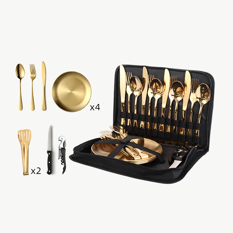 Outdoor travel stainless steel tableware camping picnic barbecue plate clip steak knife, fork and spoon suit portable storage bag