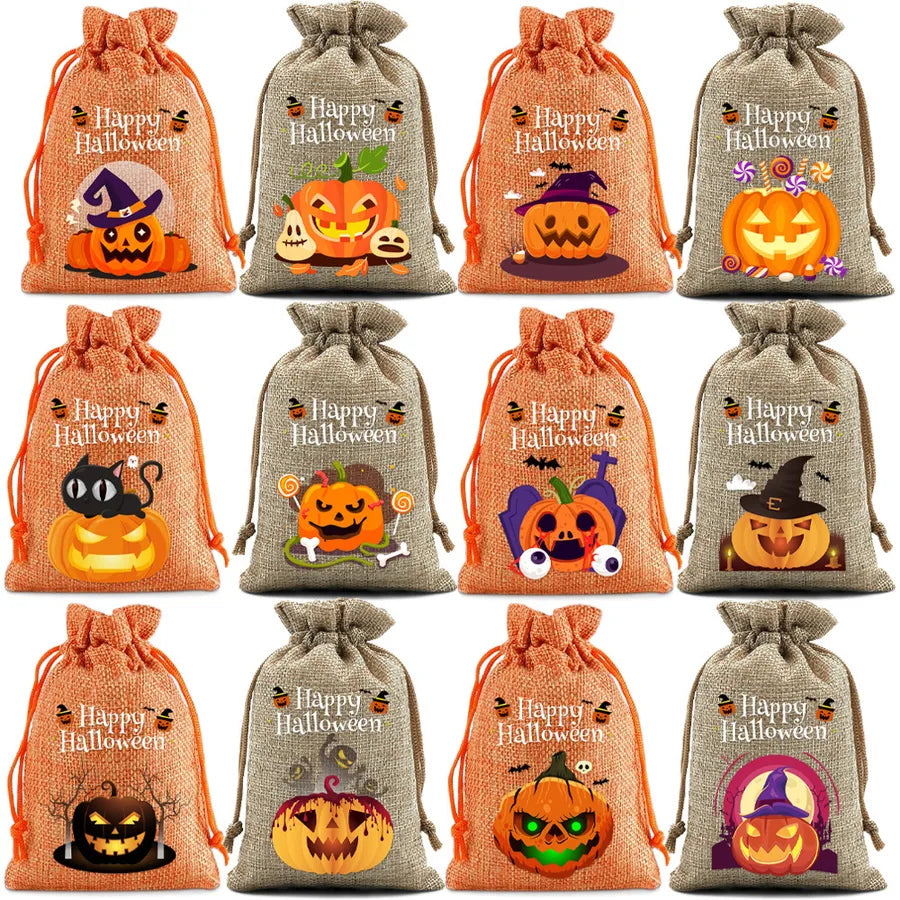 2025 New Halloween Linen Drawstring Gift Bag Pumpkin Shaped Sealed Mouth Bag Cartoon Style Heat Transfer Process Ladies Handbag