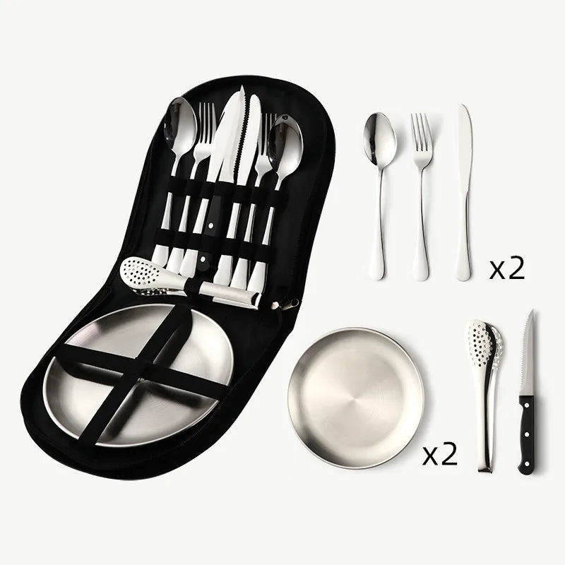 Outdoor travel stainless steel tableware camping picnic barbecue plate clip steak knife, fork and spoon suit portable storage bag