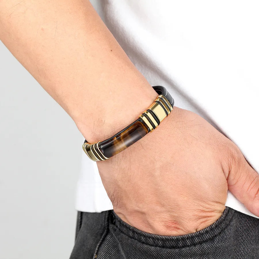 hip-hop punk rectangle pu leather stone metal handmade metal button men's bracelets