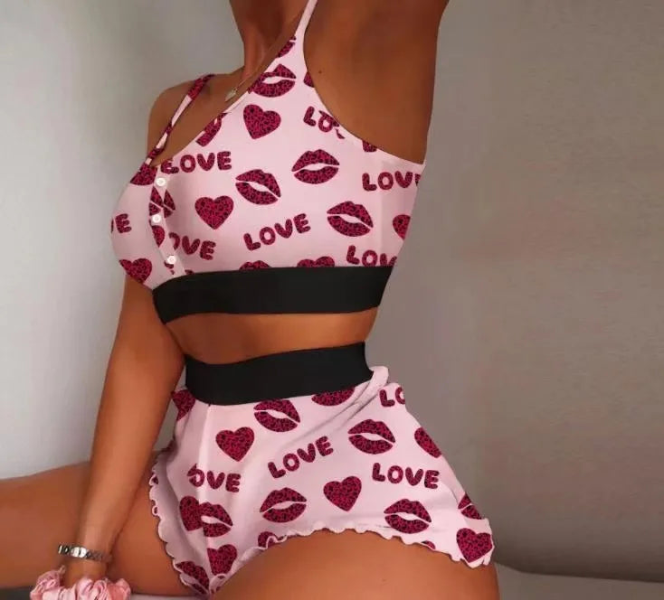 women's sweet heart shape polyester milk fiber printing shorts sets