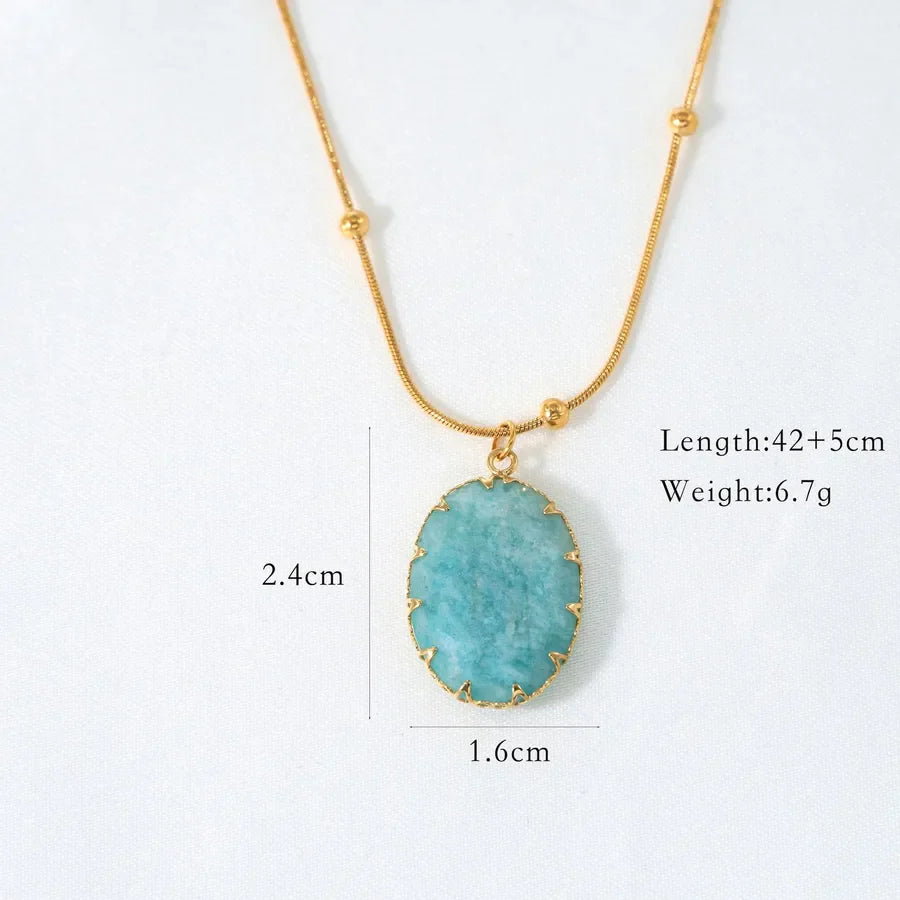 Retro Ethnic Style Geometric Round natural stone Titanium Steel 14K Gold Plated Natural Stone Pendant Necklace In Bulk