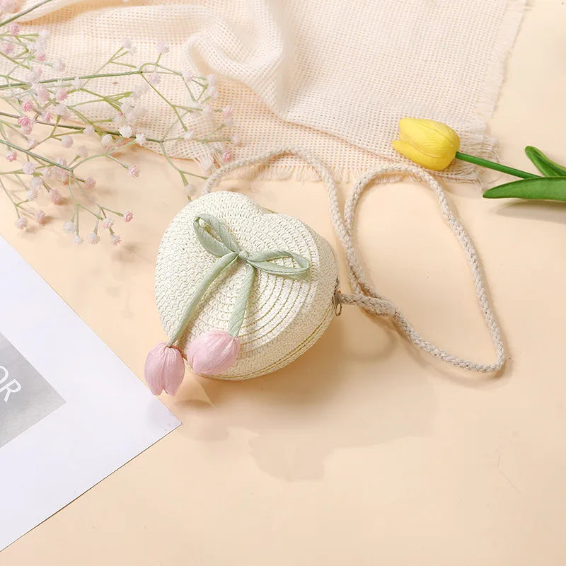 Summer Beach Seaside Tulip Straw Woven Bag  New Children Flower Straw Bag Mobile Phone Crossbody Bag