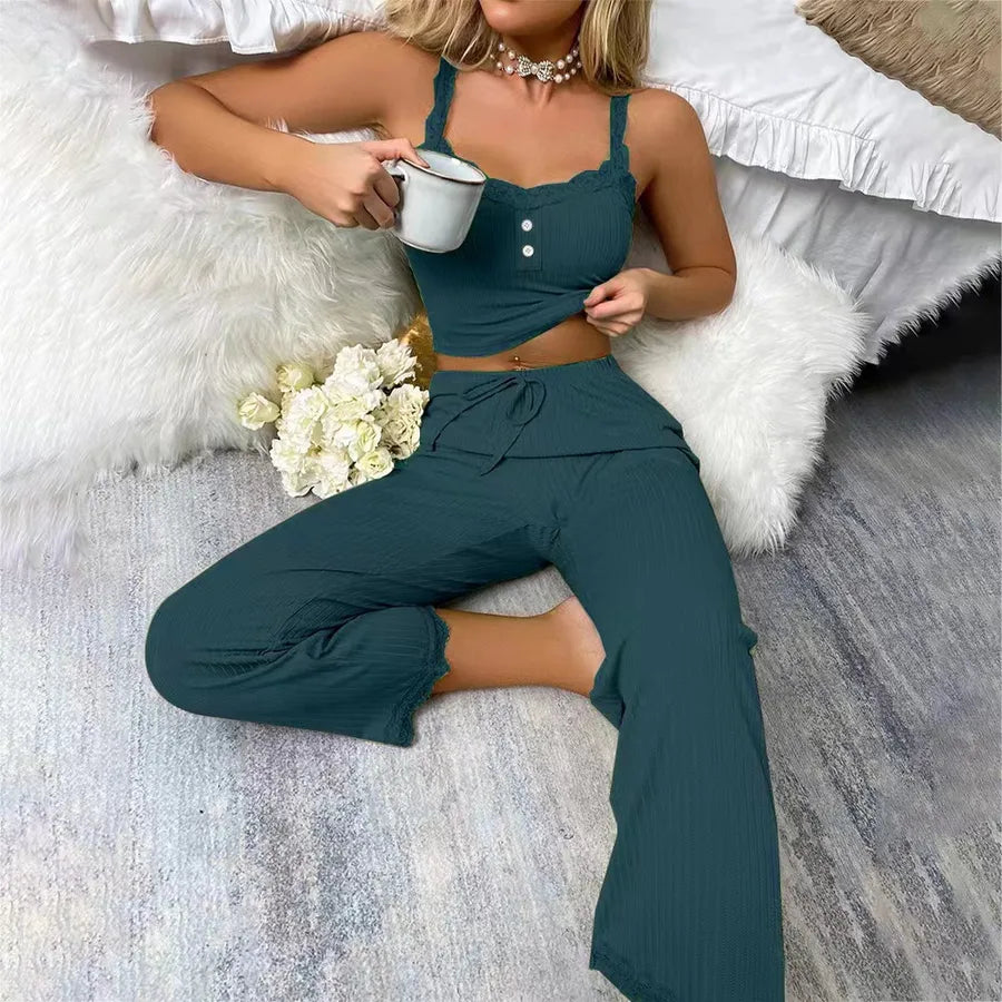 New Multicolor Lace Sling Trousers Two-piece Set Women's Home Clothes pajamas