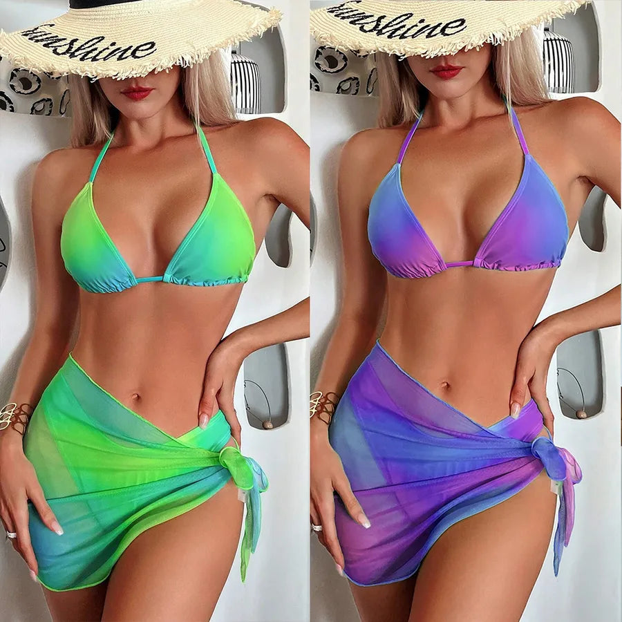 Women's Gradient Color 3 Pieces Set Bikinis Swimwear