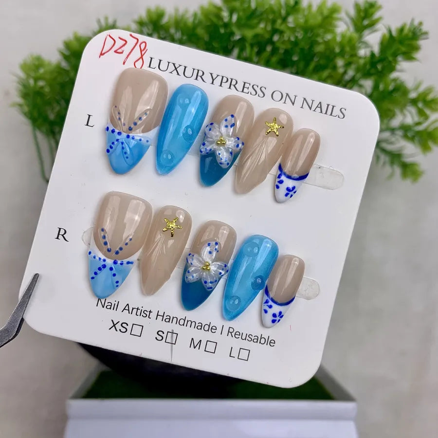 Handmade Detachable Shell Sculpture Cat Eye Almond Nails Ice Transparent Floral Design Wearable False Nails For Women