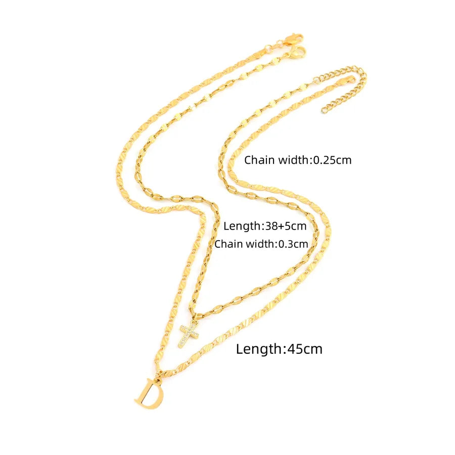 2 Pcs/set Gold Color Fashion Initial Letter Cross Pendant Lip Chain & 卍 Symbol Chain Stainless Steel Women Necklace