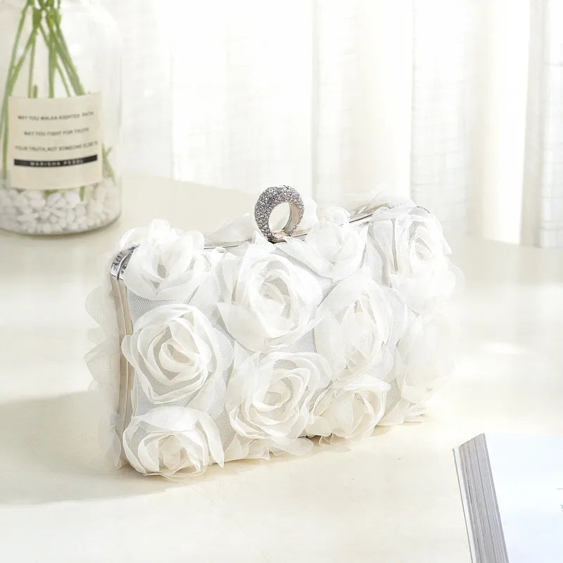New Rose Flower Shaped Wedding Handbag Fashionable Evening Clutch Bag Nightclub Dress Bag Silk Square Handbag Fresh Sweet Style