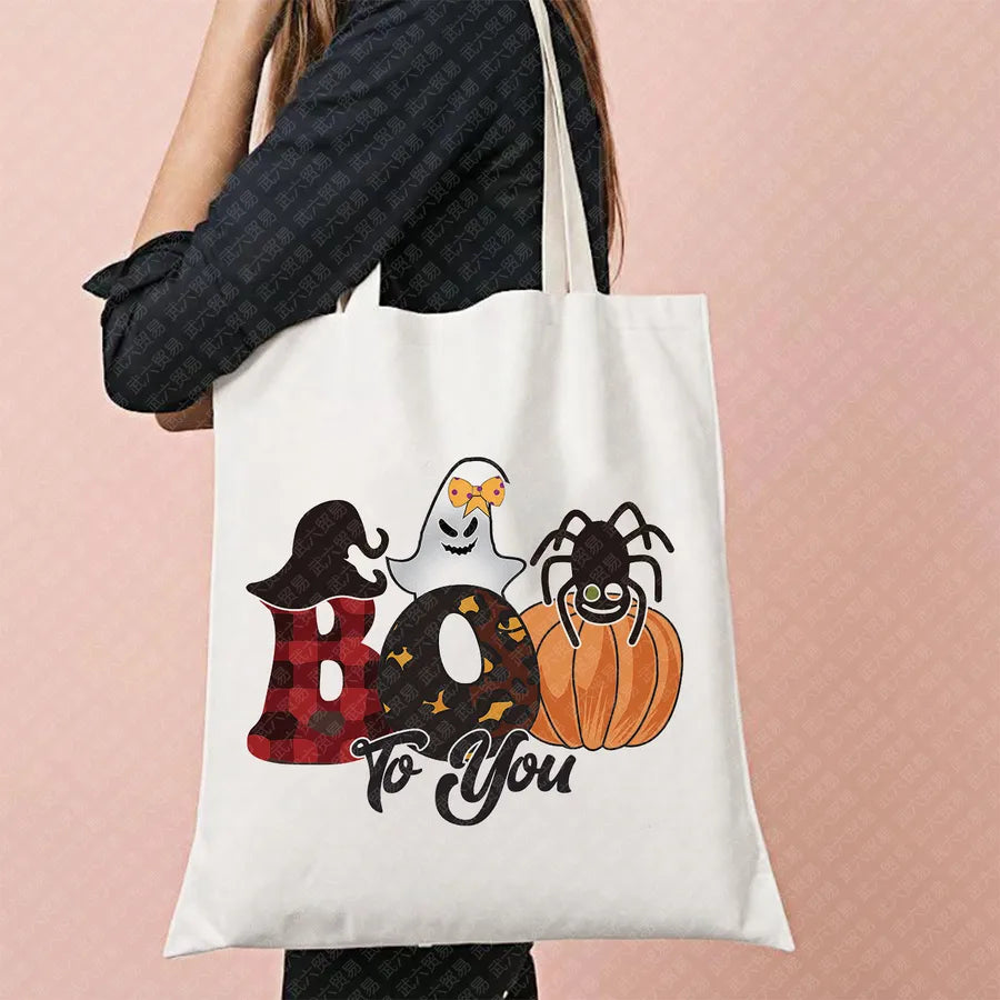 Halloween Witch Pattern Canvas Tote Bag Reusable Shopping Bag For Commuting Traveling Women Large Square Fashionable Bag