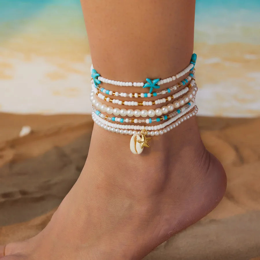 Bohemian starfish rice beads crystal anklet suit summer all-match beach rice beads shell multi-layer anklet wholesale