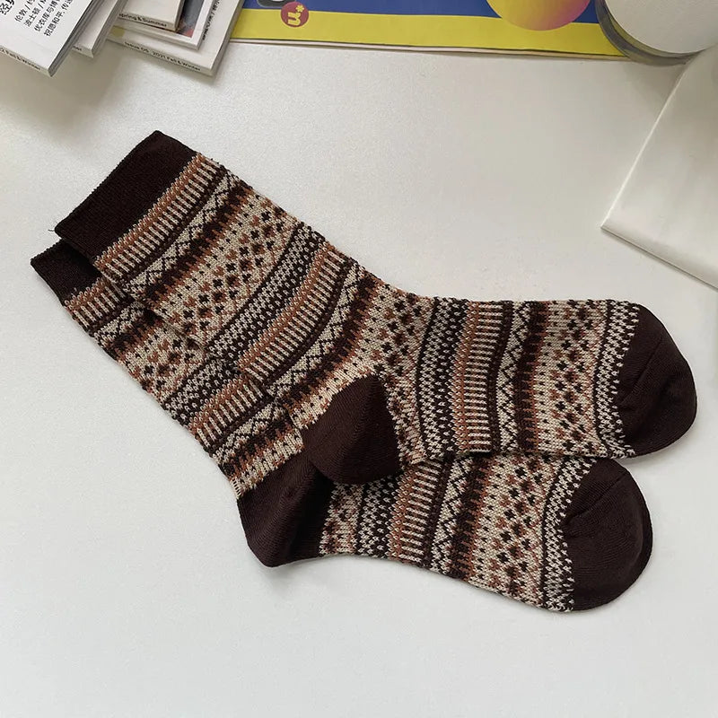 unisex retro ethnic style geometric cotton crew socks a pair