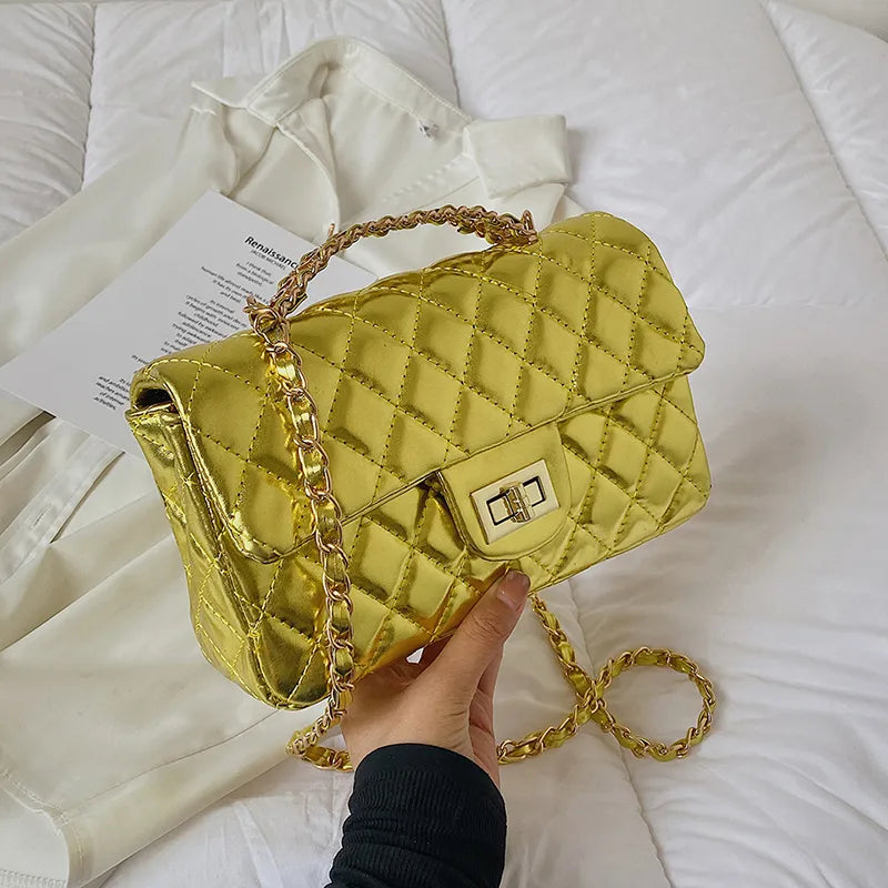 Women's Pu Leather Solid Color Lingge Streetwear Square Flip Cover Lock clasp Shoulder Bag