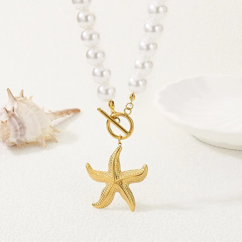 Wholesale Jewelry IG Style Retro New Style Starfish Conch Heart Shape 304 Stainless Steel 18K Gold Plated Beaded Chain Necklace