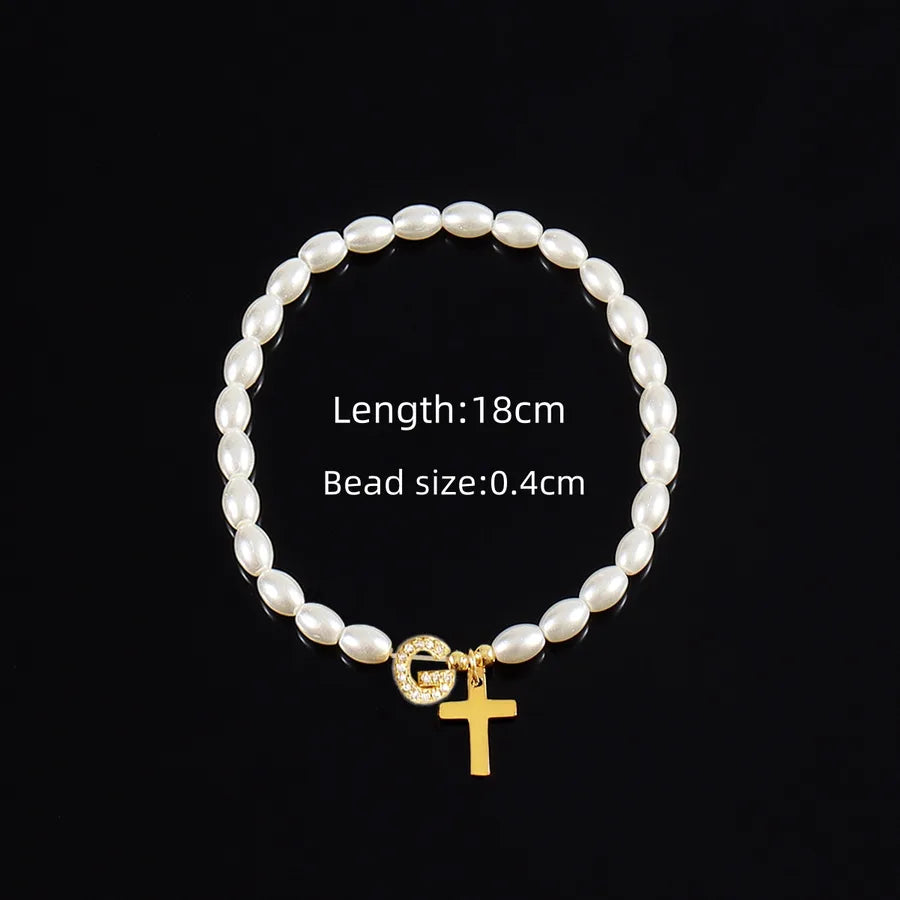 Simple Style Cross Letter 304 Stainless Steel Artificial Pearl Copper Beaded Chain Bracelets In Bulk