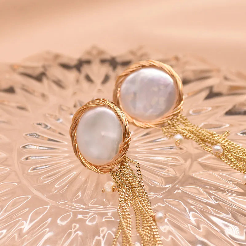 1 pair original design tassel plating inlay freshwater pearl pearl 18k gold plated drop earrings