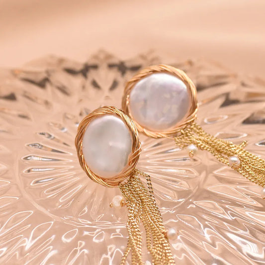 1 pair original design tassel plating inlay freshwater pearl pearl 18k gold plated drop earrings