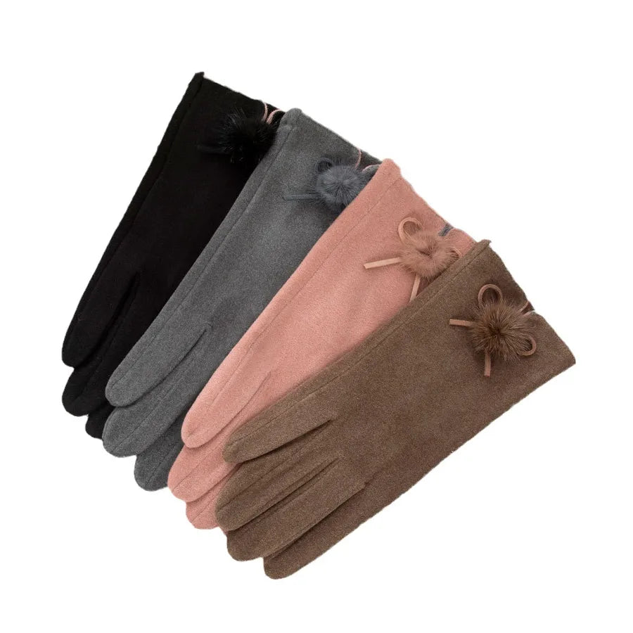 Fashionable Warm Ladies' Velvet Touchscreen Gloves Cute Ball Driving Outdoor Cycling Cold Proof Winter Hand Warmers