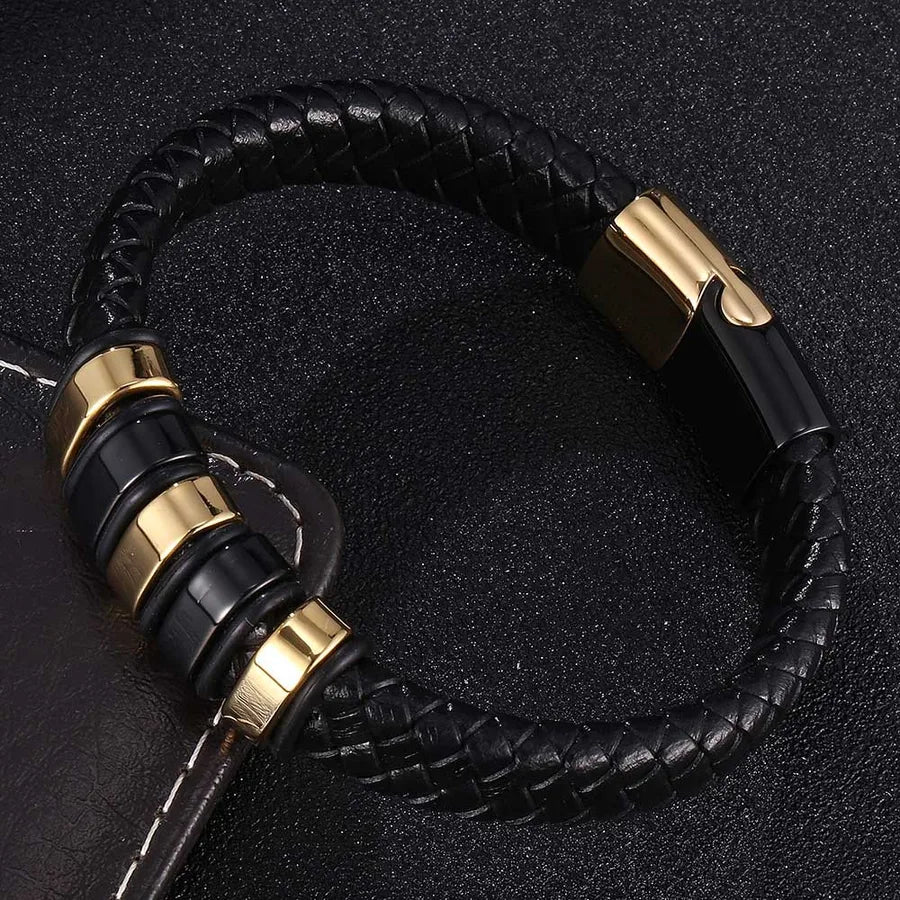 Leather rope bracelet men's stainless steel leather woven bracelet handmade metal leather bracelet jewelry