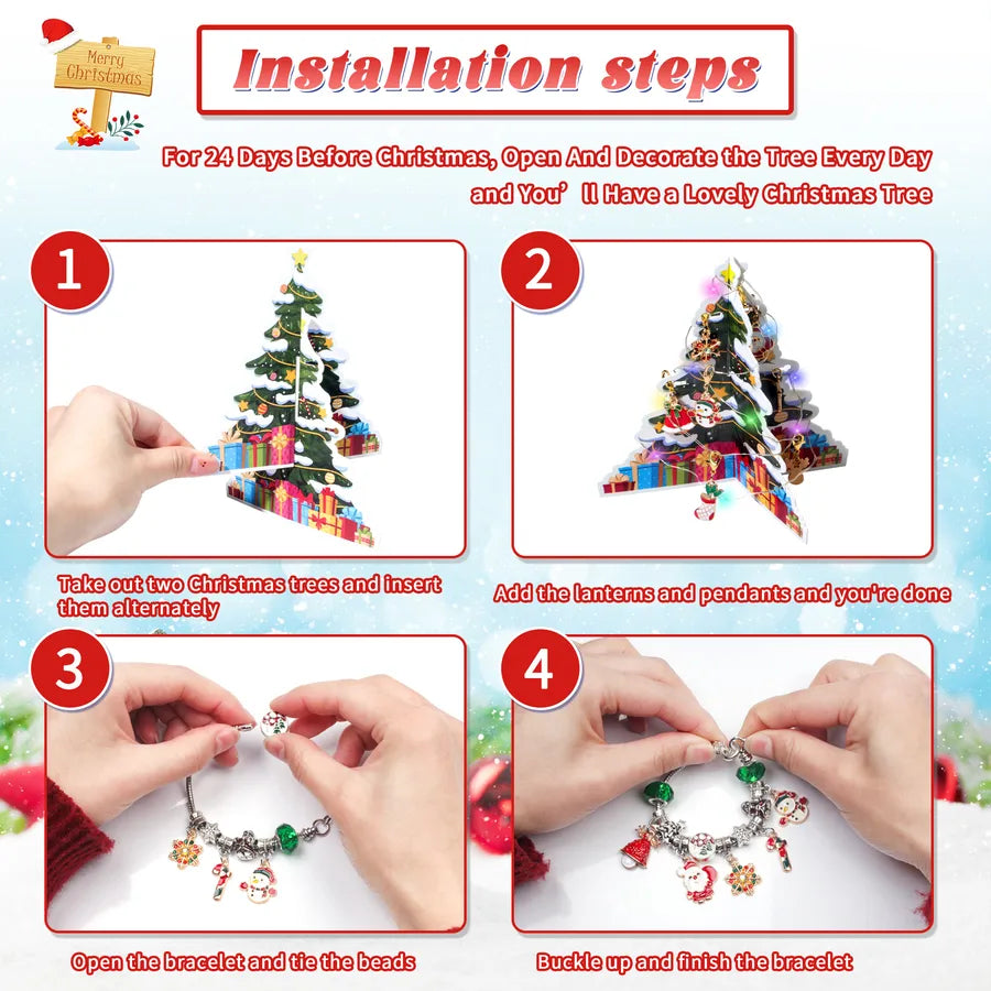 Christmas Arrival Day Countdown Calendar 24 Cells DIY Cartoon Deer Children's Bracelets Zinc Alloy Christmas Theme Handmade