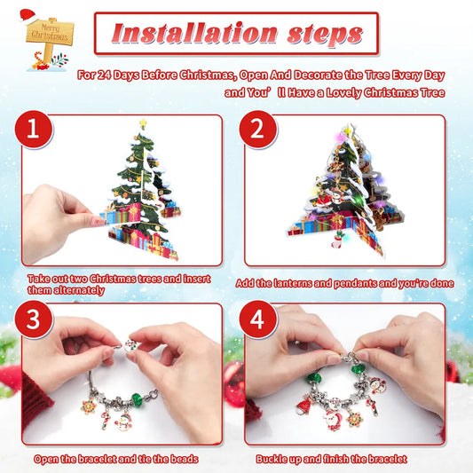 Christmas Arrival Day Countdown Calendar 24 Cells DIY Cartoon Deer Children's Bracelets Zinc Alloy Christmas Theme Handmade