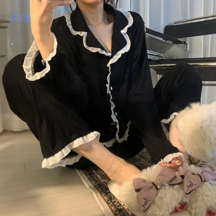 Spring Autumn Women's Long Sleeve Thin Casual Comfortable Home Clothes Set Polyester Milk Silk Medium Weight Sleepwear